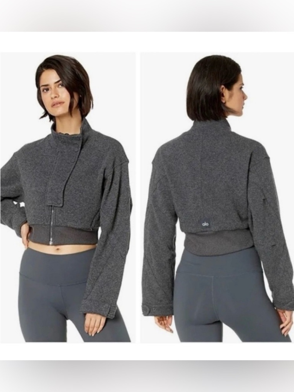 Alo Yoga Strut Cropped Bomber Jacket Anthracite Heather Gray